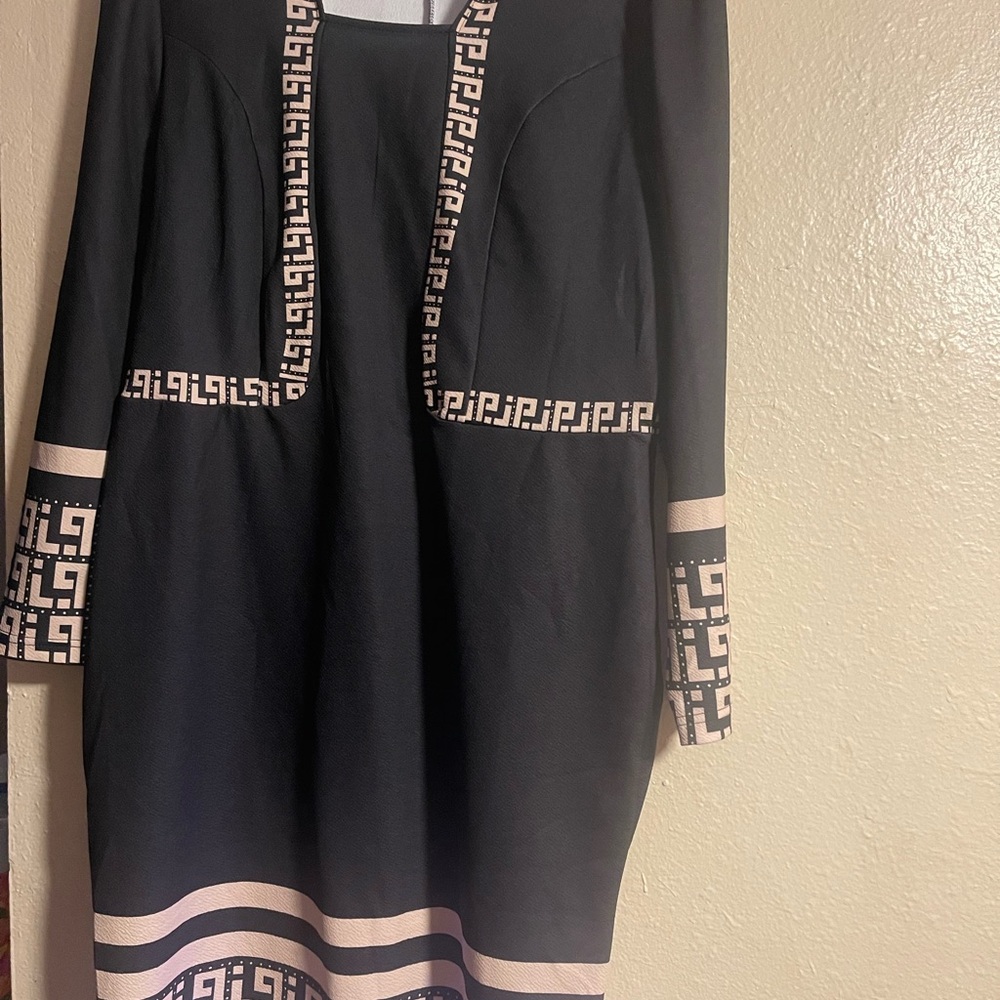 Black Dress with Black/Tan Geometric Trim - Women's Dress